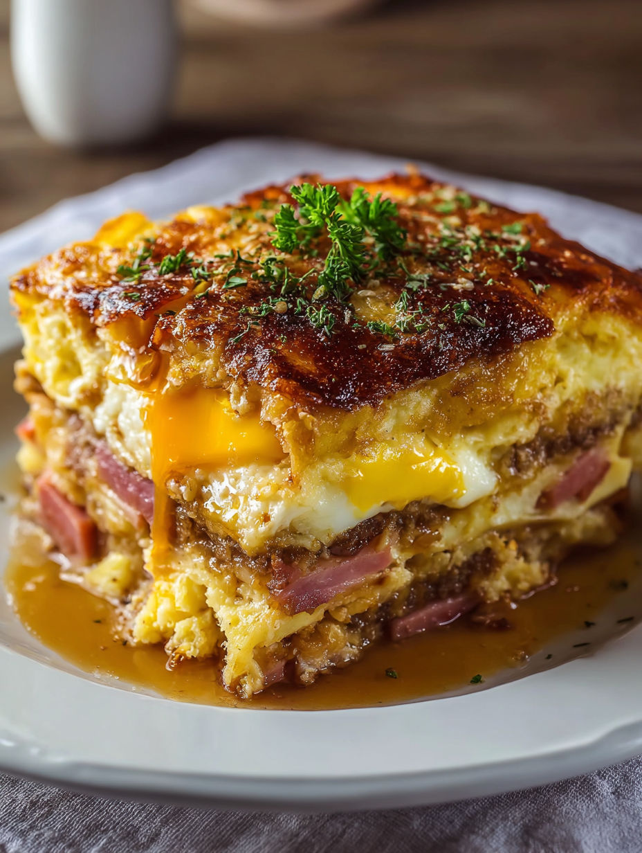 A breakfast lasagna with cheese and herbs on top.