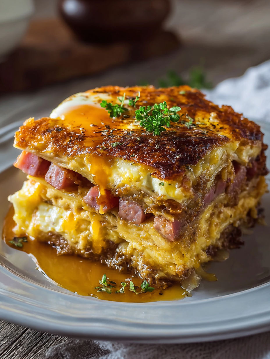 A breakfast lasagna with eggs and cheese.