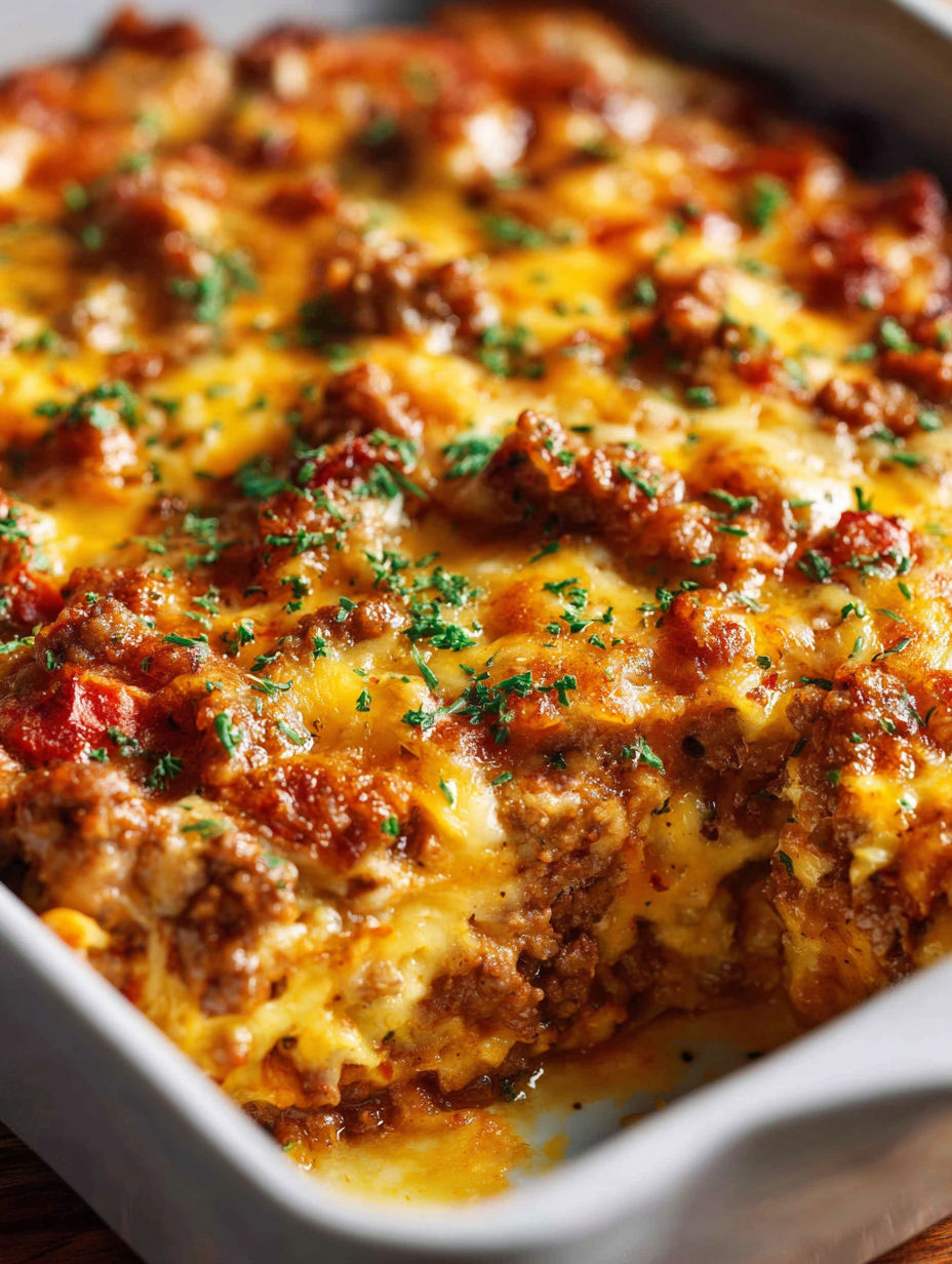 A close up of a delicious keto cheeseburger casserole.