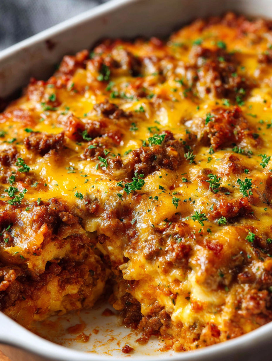 A delicious keto cheeseburger casserole.