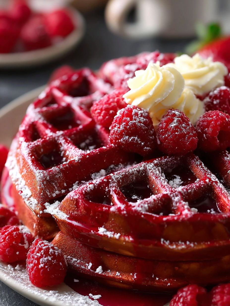 Red velvet waffles with whipped cream.