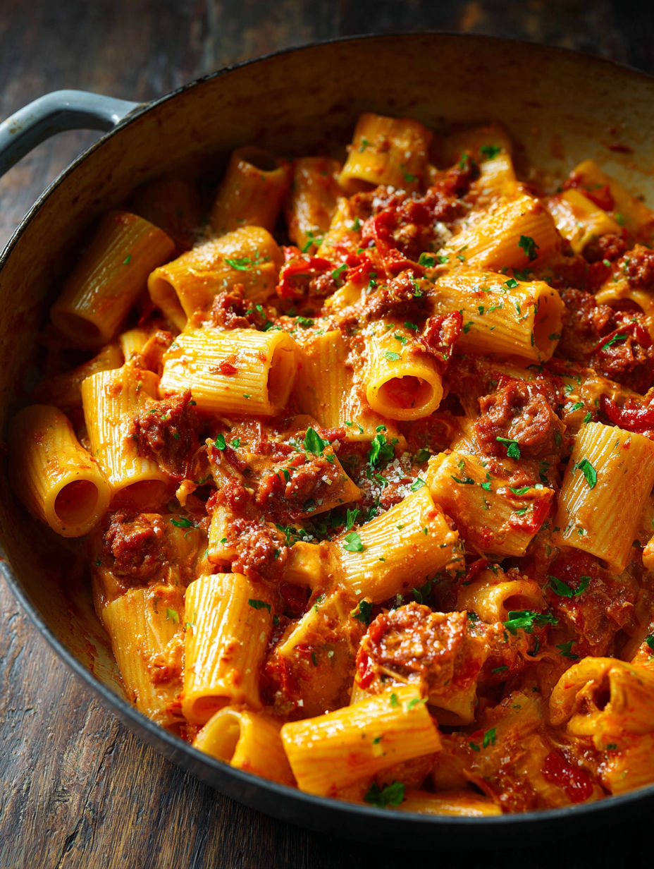 A bowl of creamy chorizo pasta.