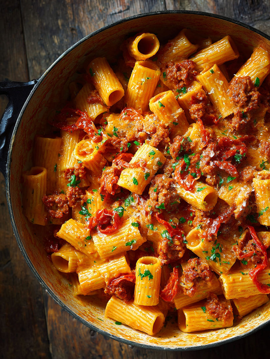 A bowl of creamy chorizo pasta.