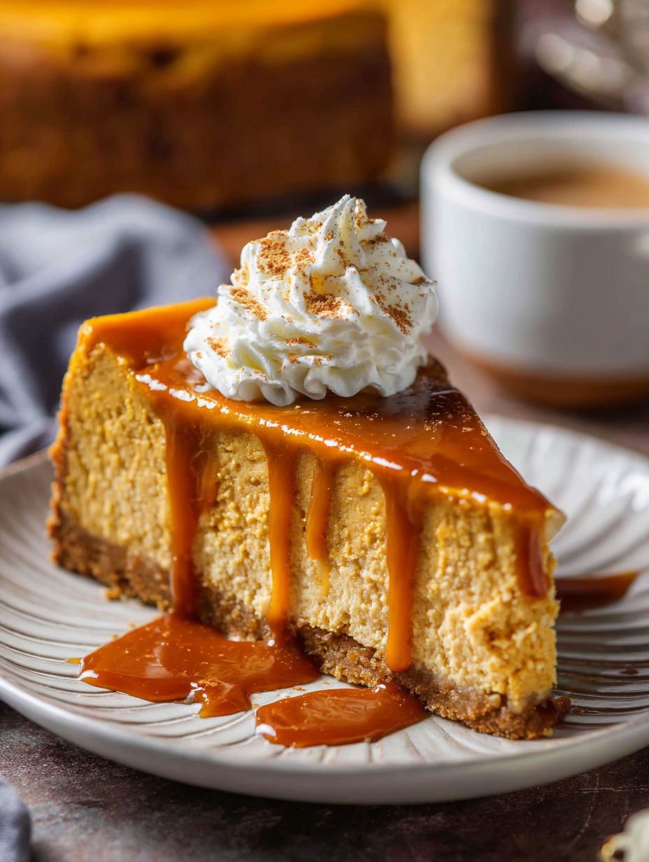 A slice of pumpkin cheesecake with whipped cream on top.