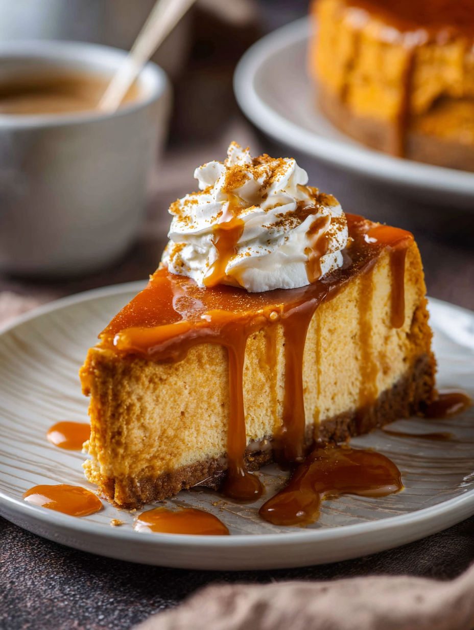 A slice of pumpkin cheesecake with caramel drizzle.