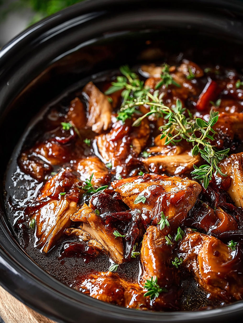 A close up of a crock pot filled with bourbon chicken.