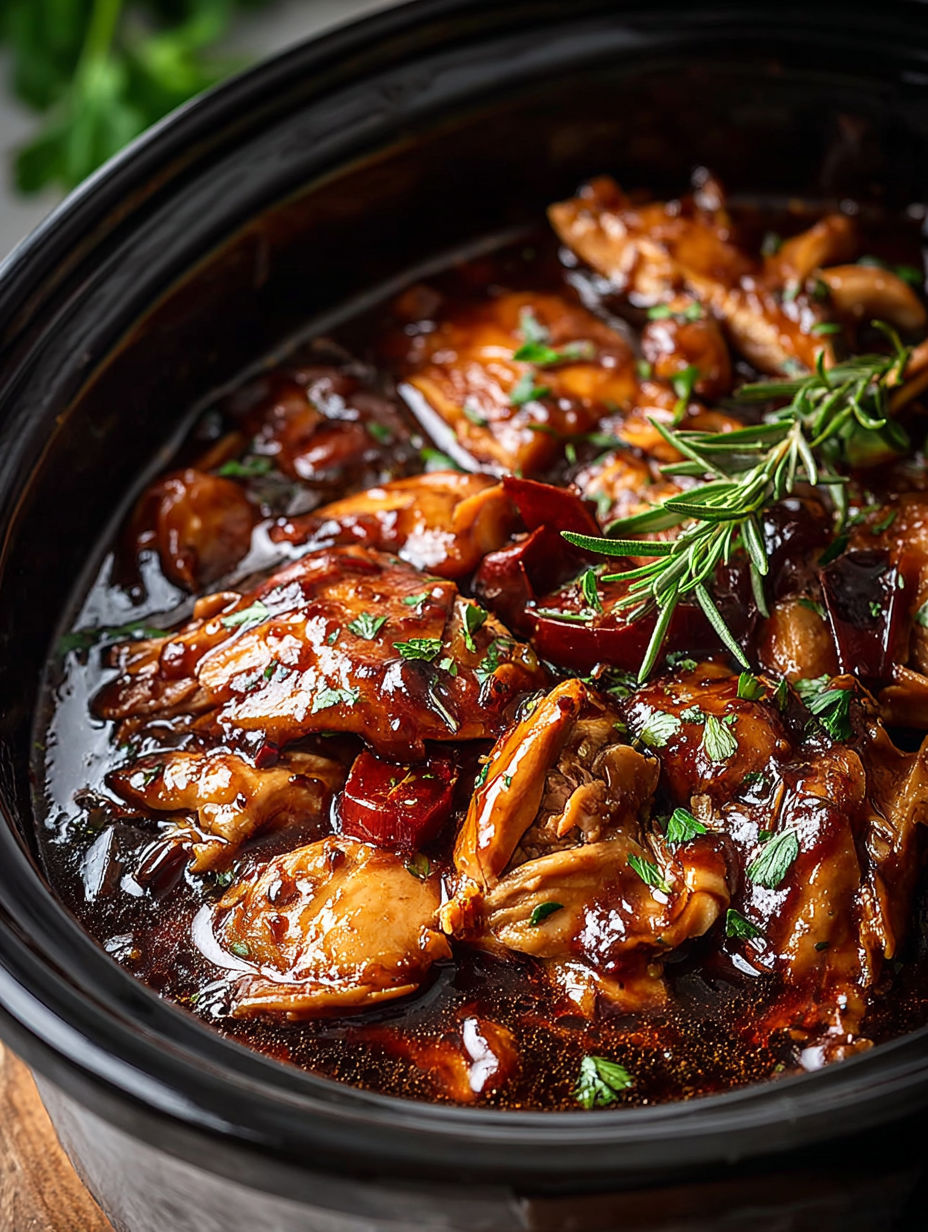 A close up of a crock pot with chicken in it.