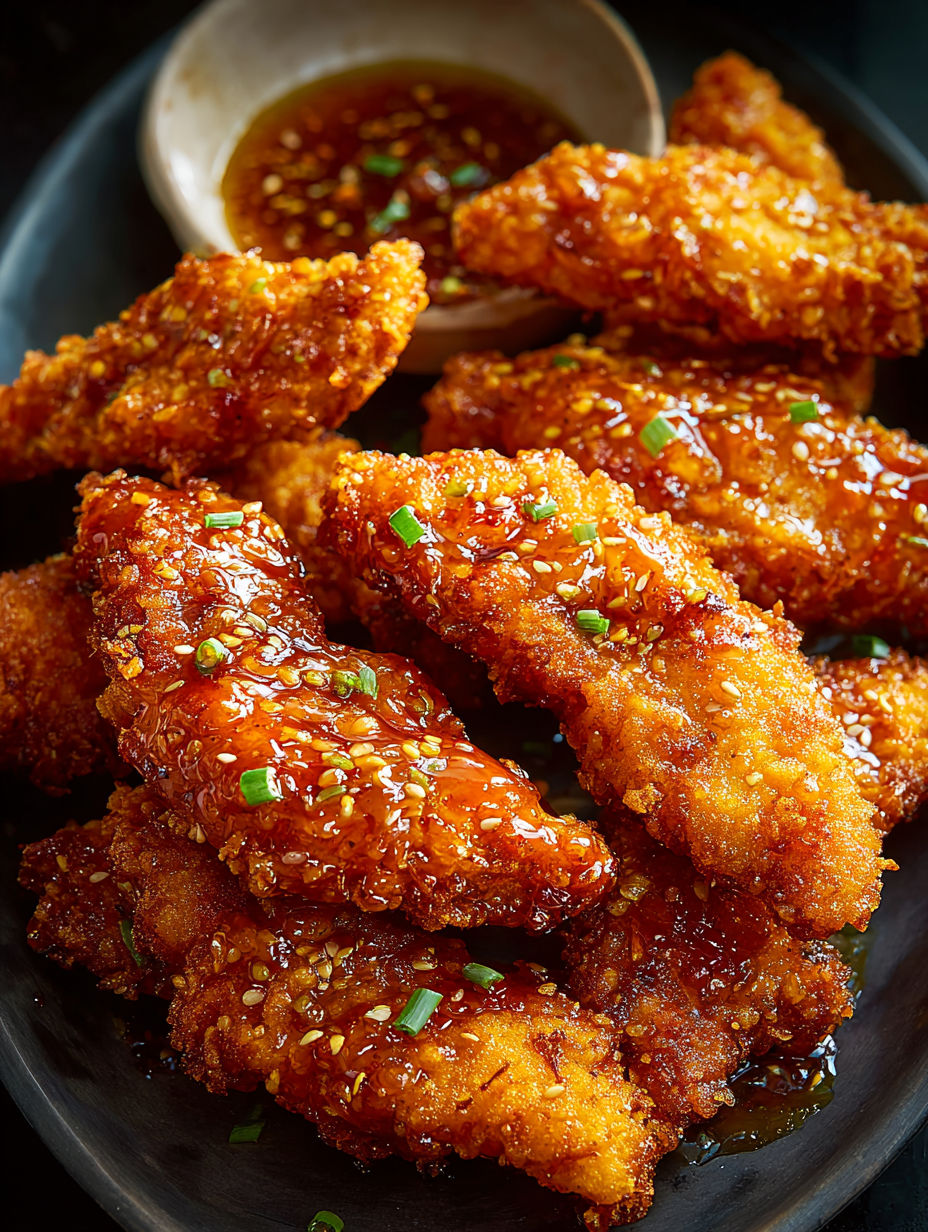 A plate of hot honey chicken tenders.
