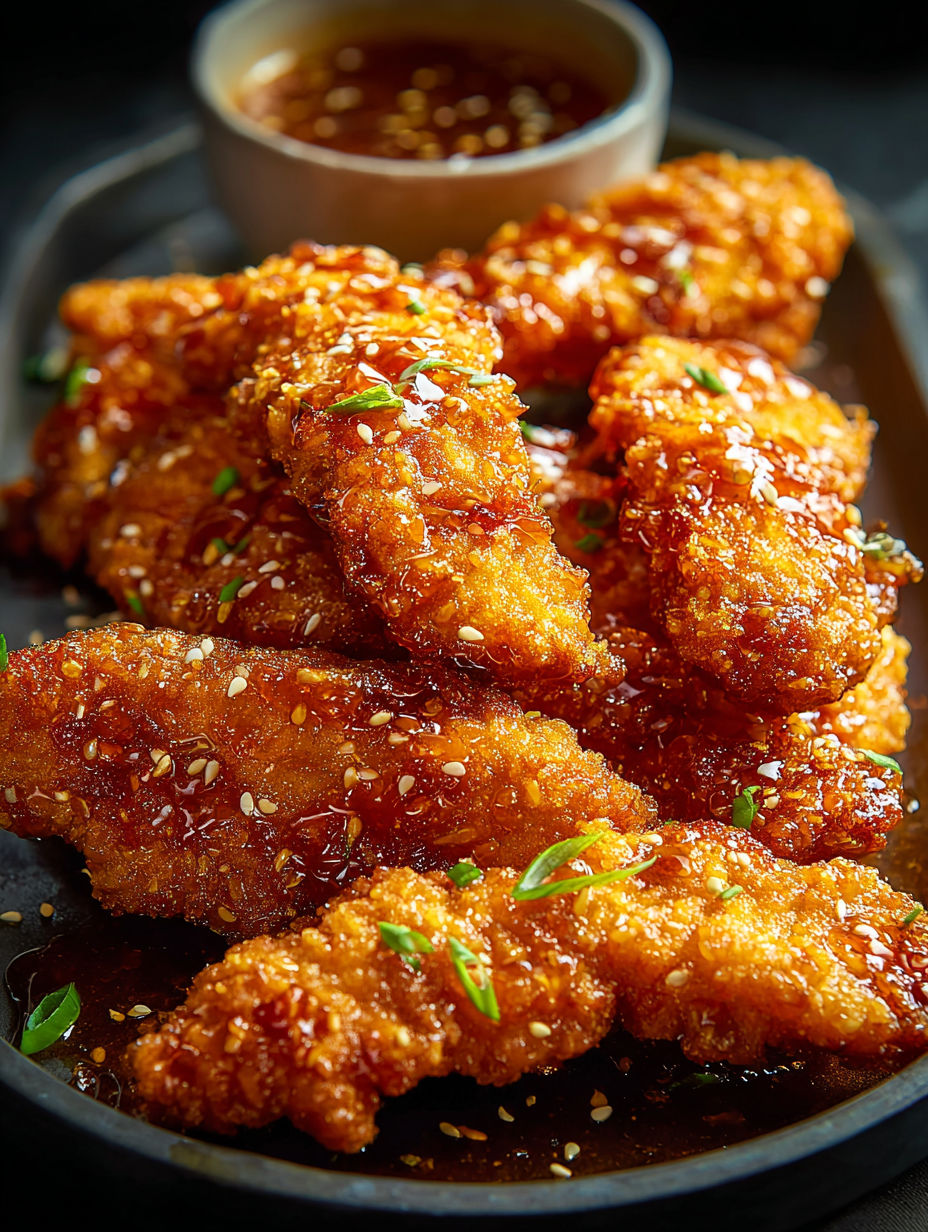 A plate of hot honey chicken tenders.