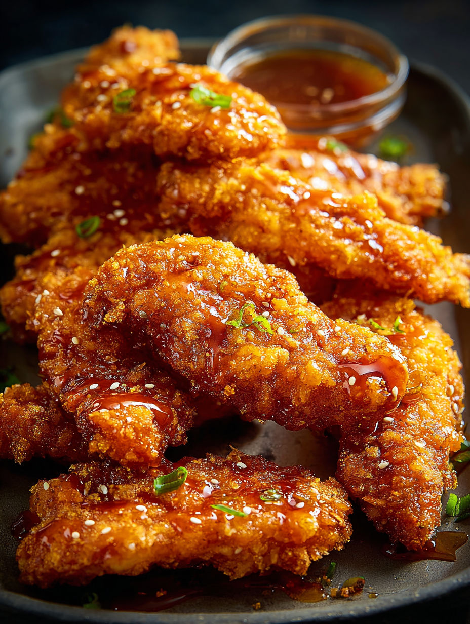 Hot honey chicken tenders on a plate.