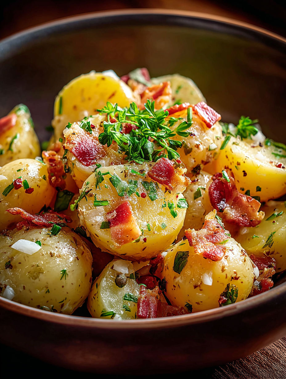 A bowl of warm German potato salad.