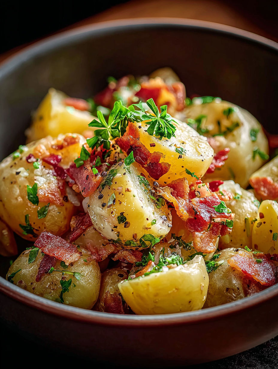A bowl of warm German potato salad.