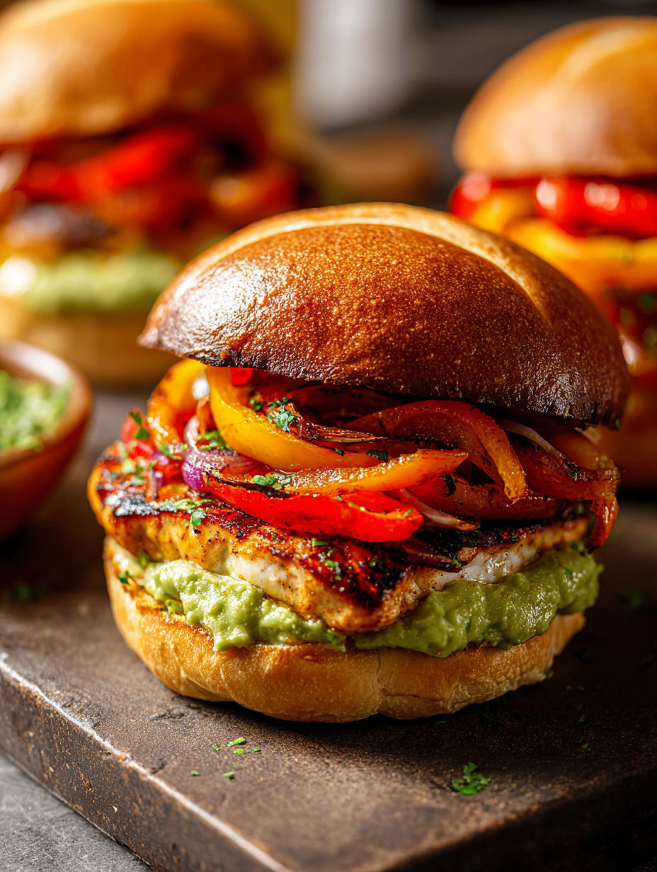 A chicken fajita burger with peppers and onions.