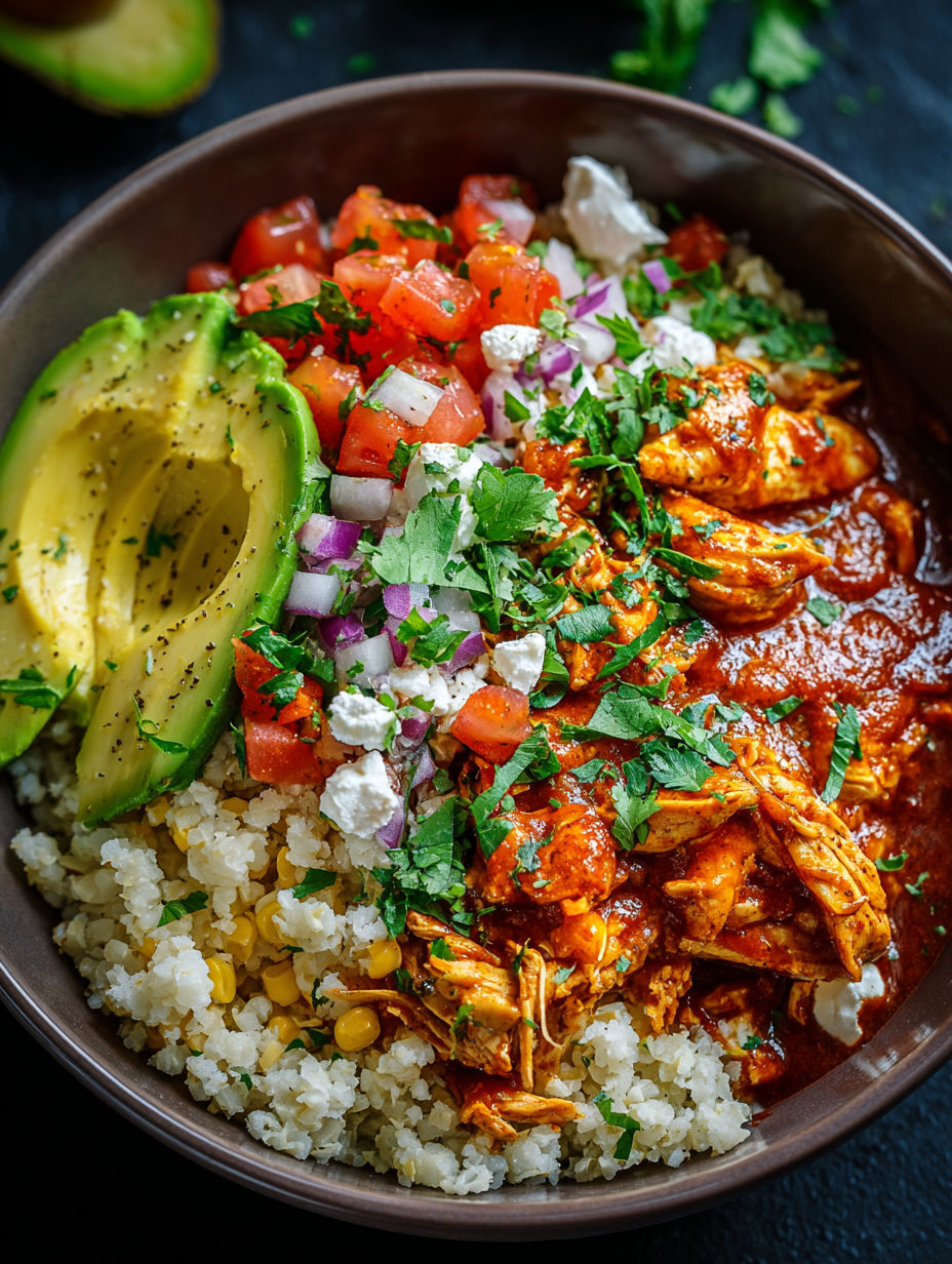 A bowl of chicken enchilada with cauliflower rice.