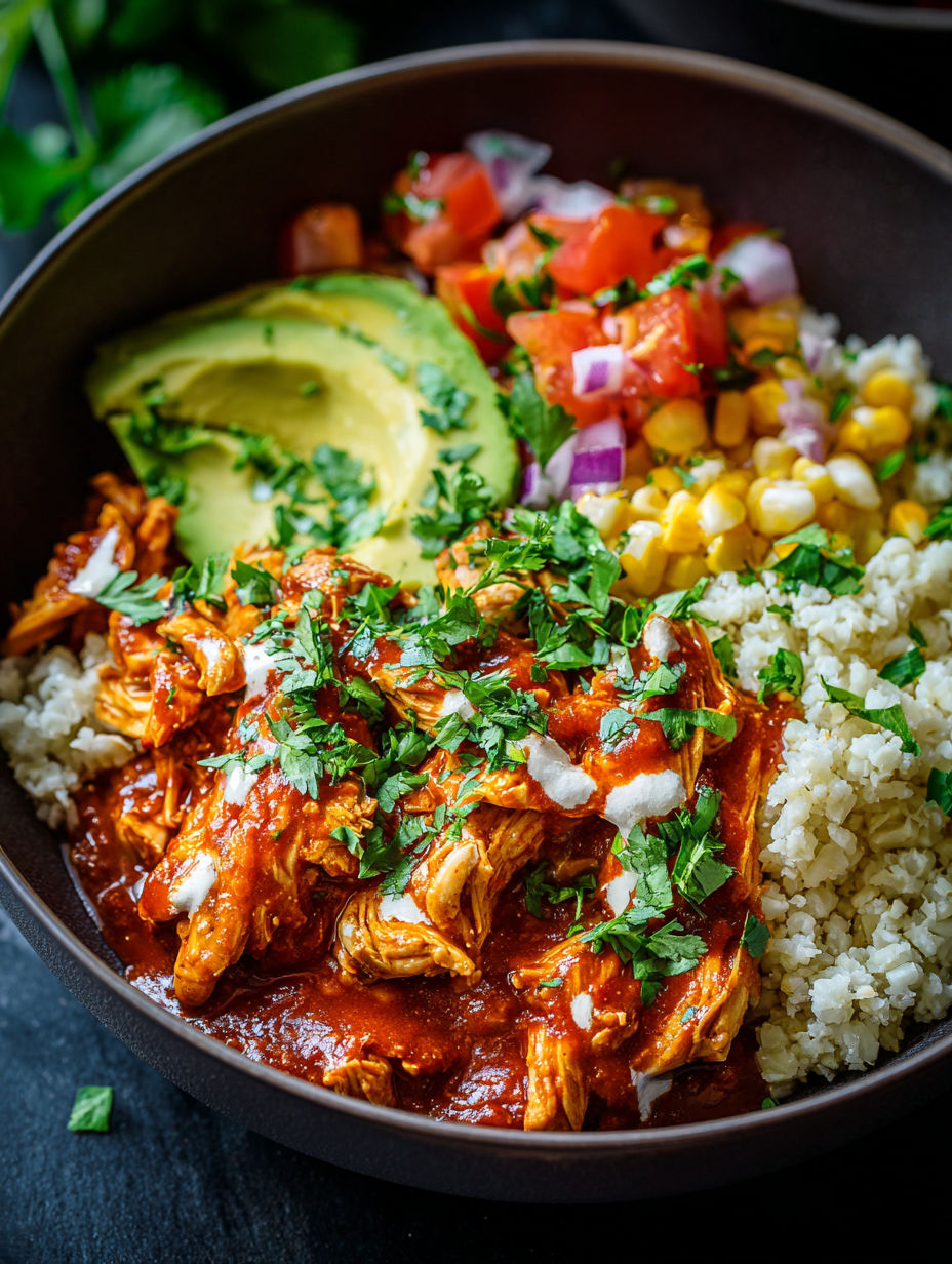 A bowl of chicken enchilada with cauliflower rice.