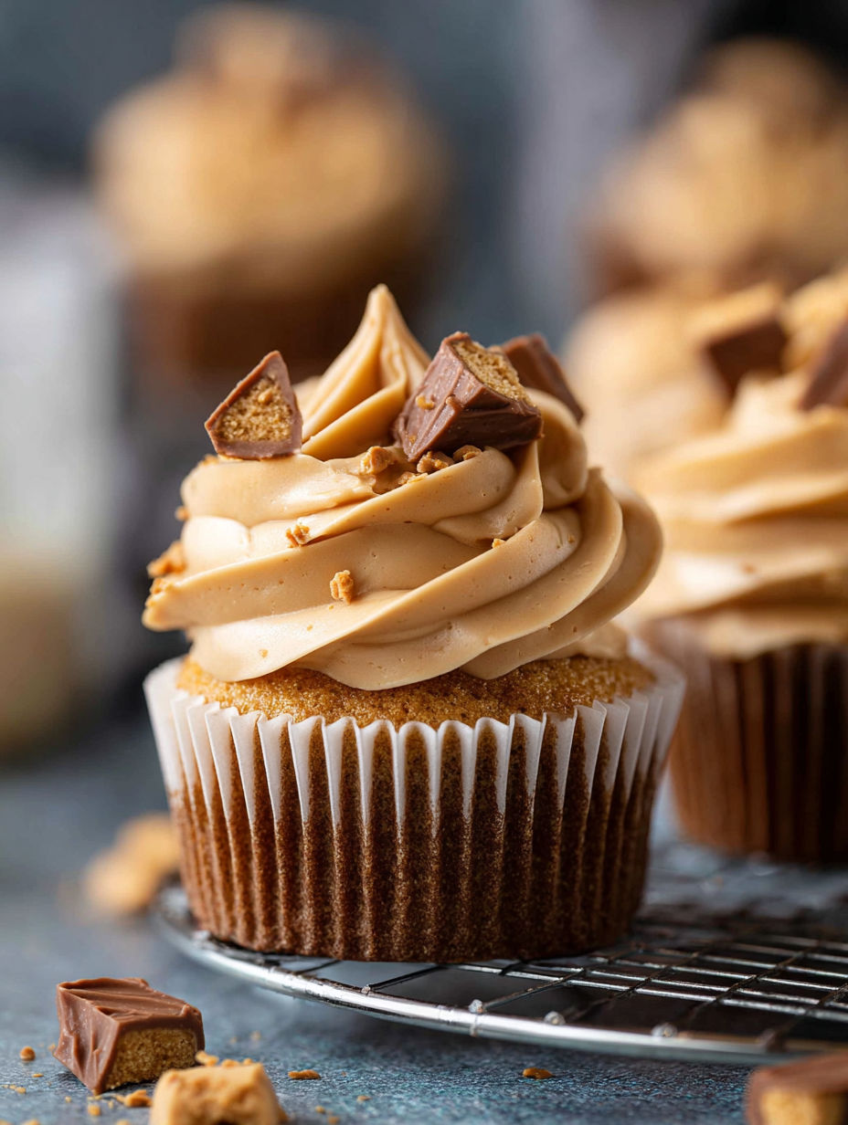 A cupcake with peanut butter frosting and peanut butter sprinkles.