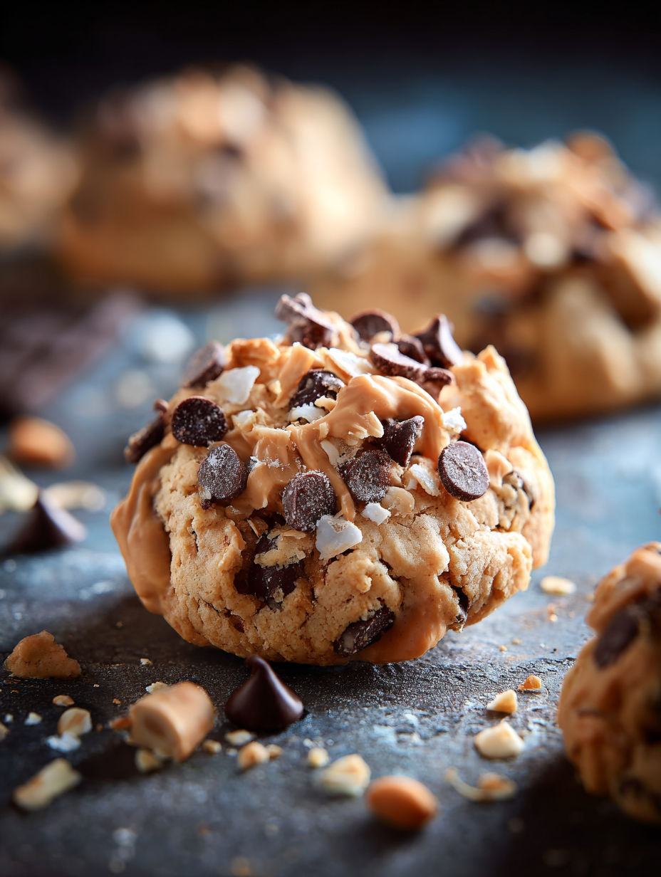 A close up of a chocolate chip cookie.