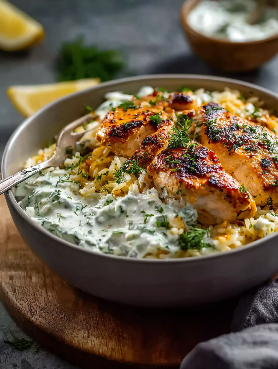 A bowl of food with chicken and rice.