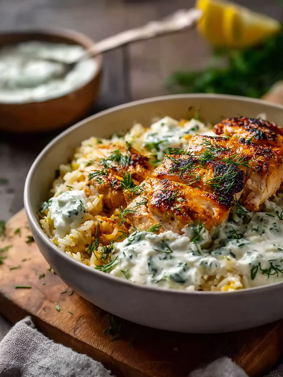 A bowl of chicken and rice with a white sauce.