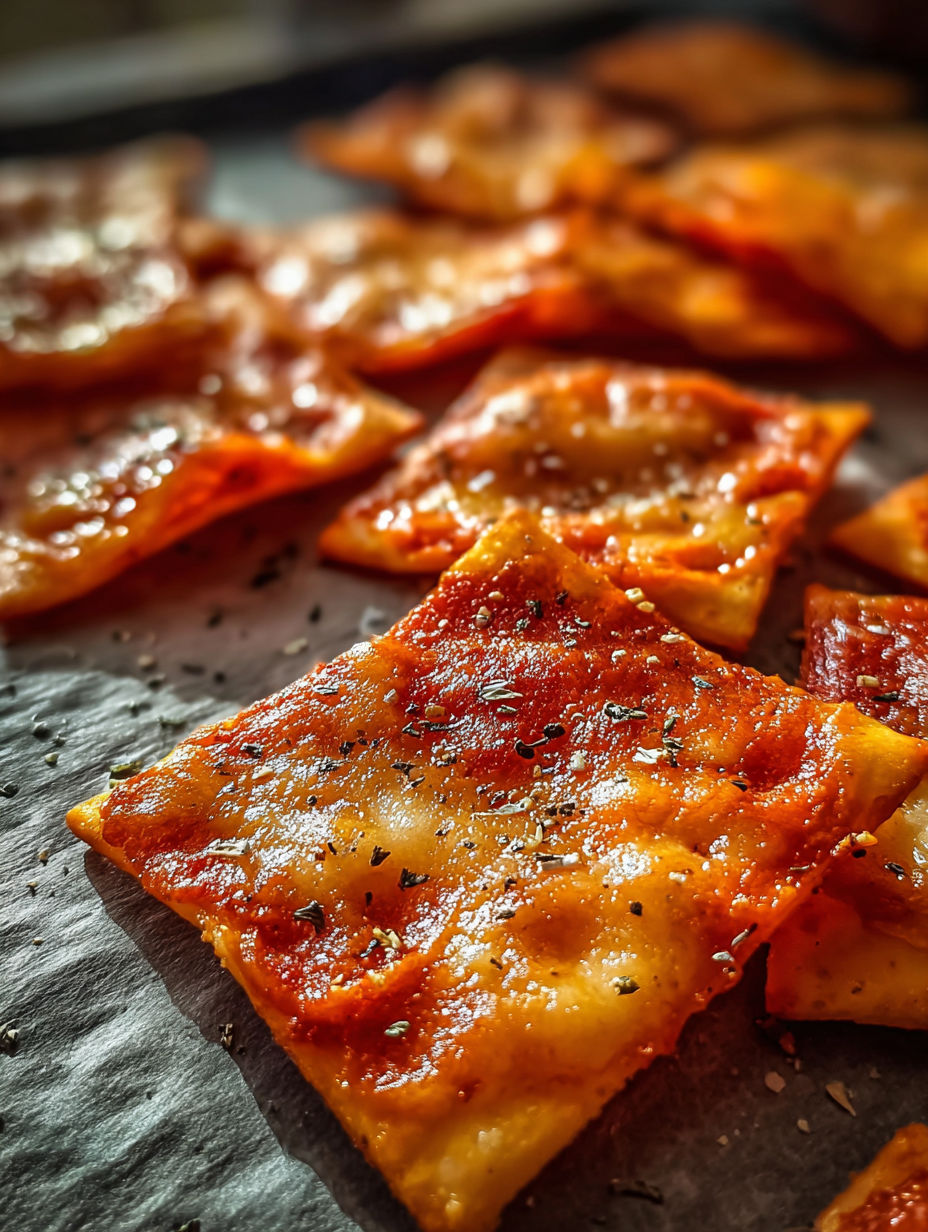 Crispy pizza chips on a table.