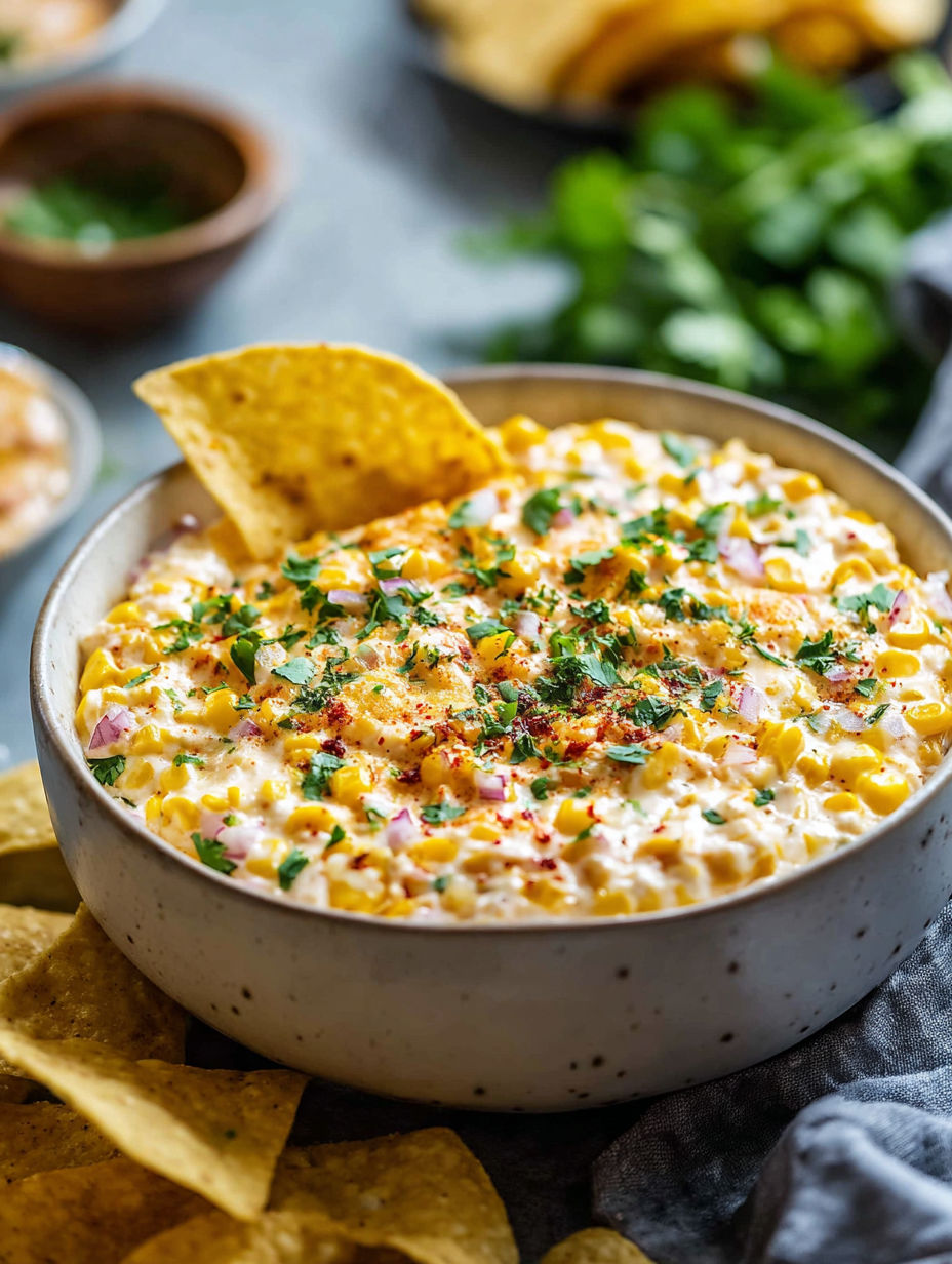 A bowl of corn dip with chips.