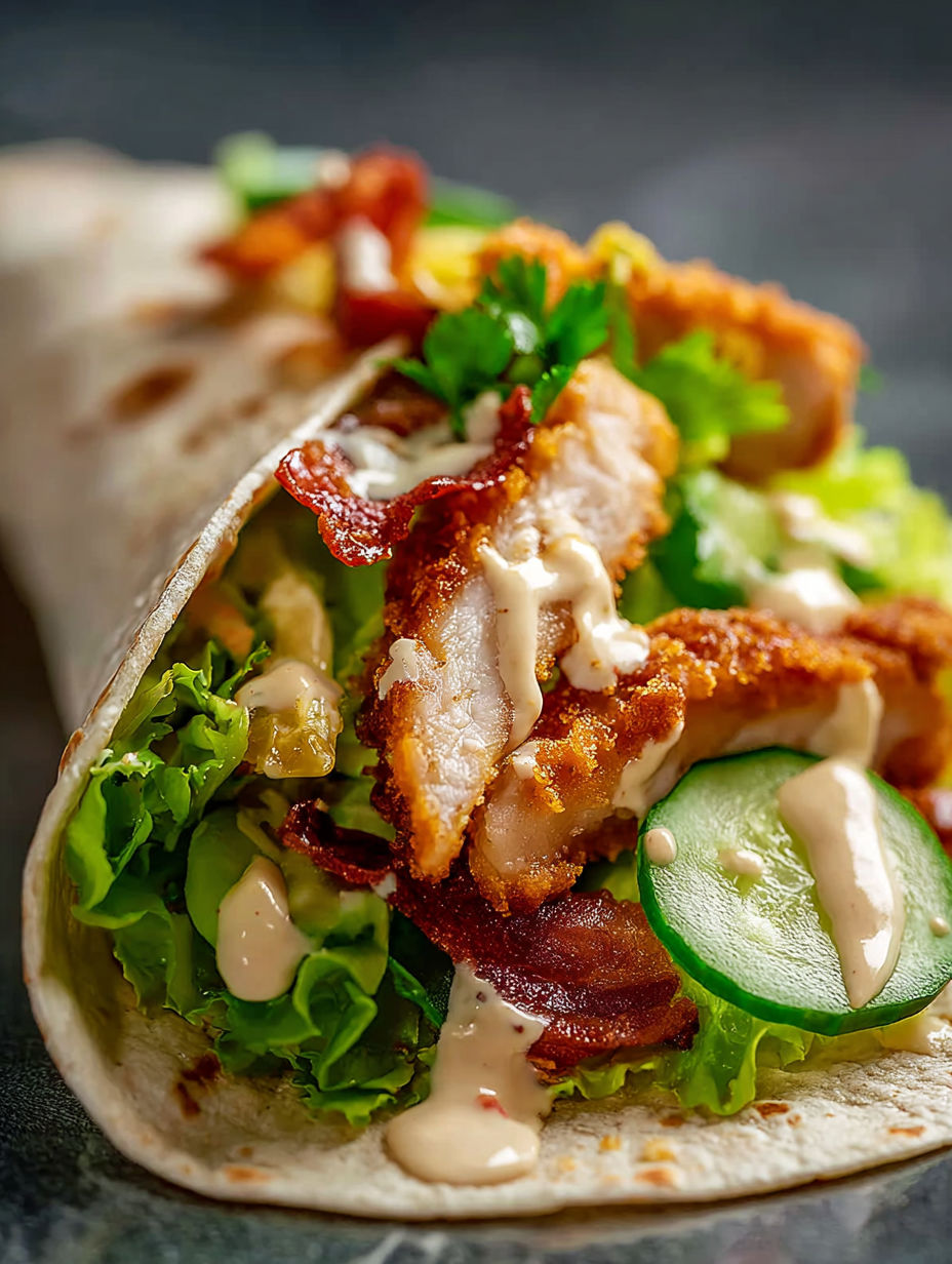 A delicious looking chicken wrap with lettuce, bacon, and honey mustard.