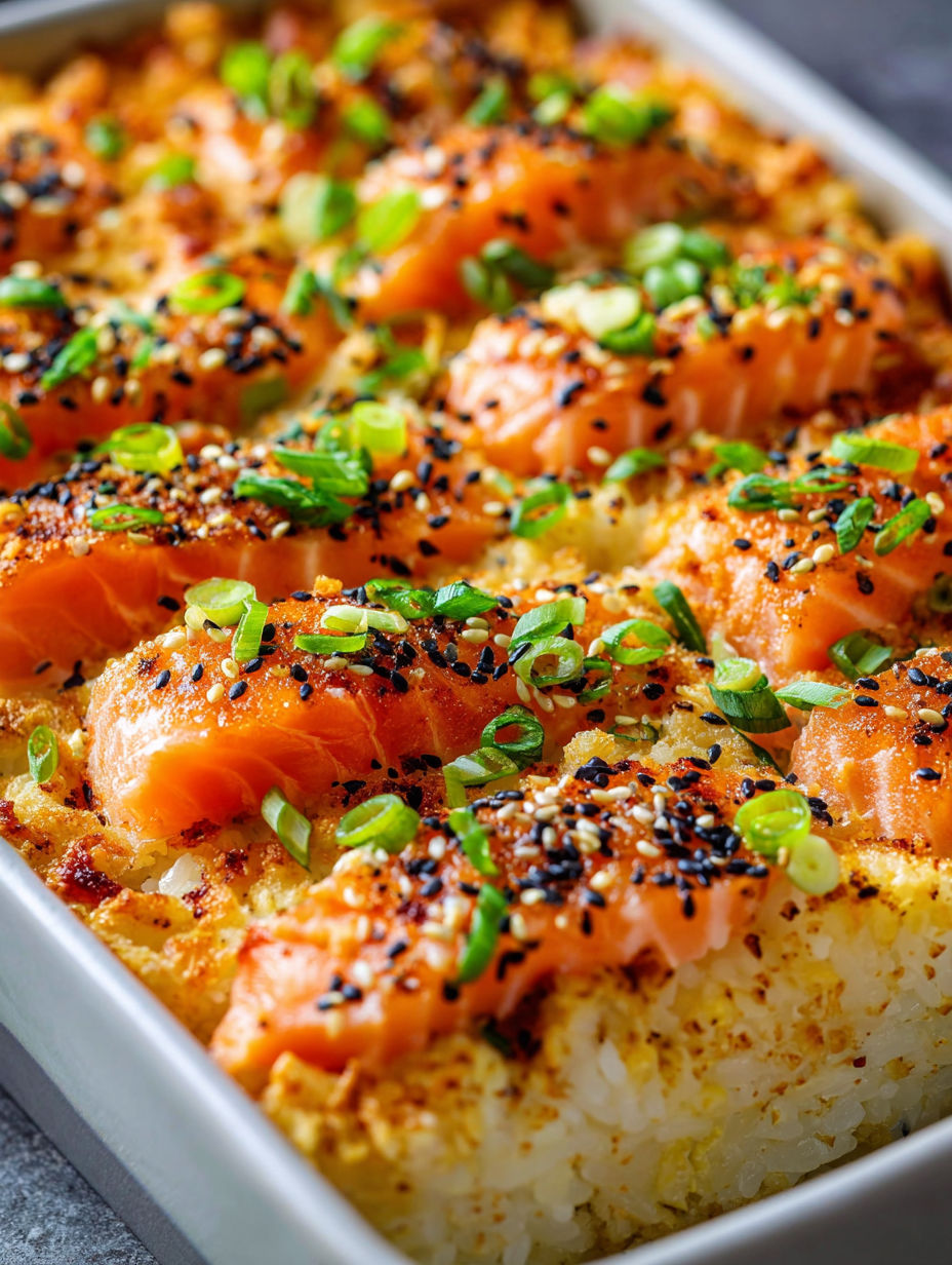 A dish of salmon sushi bake with black sesame seeds.