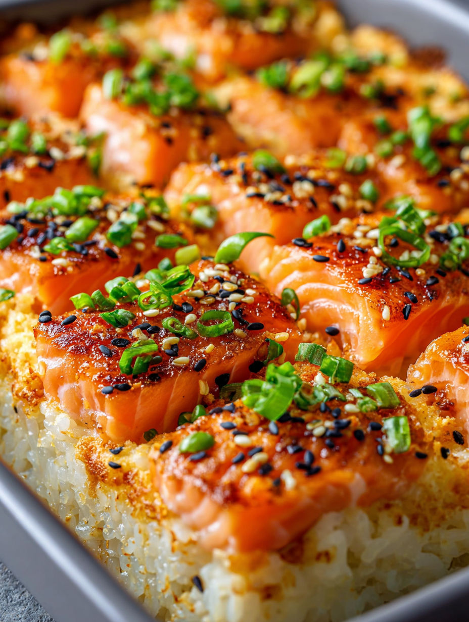 A dish of salmon sushi bake with black sesame seeds.