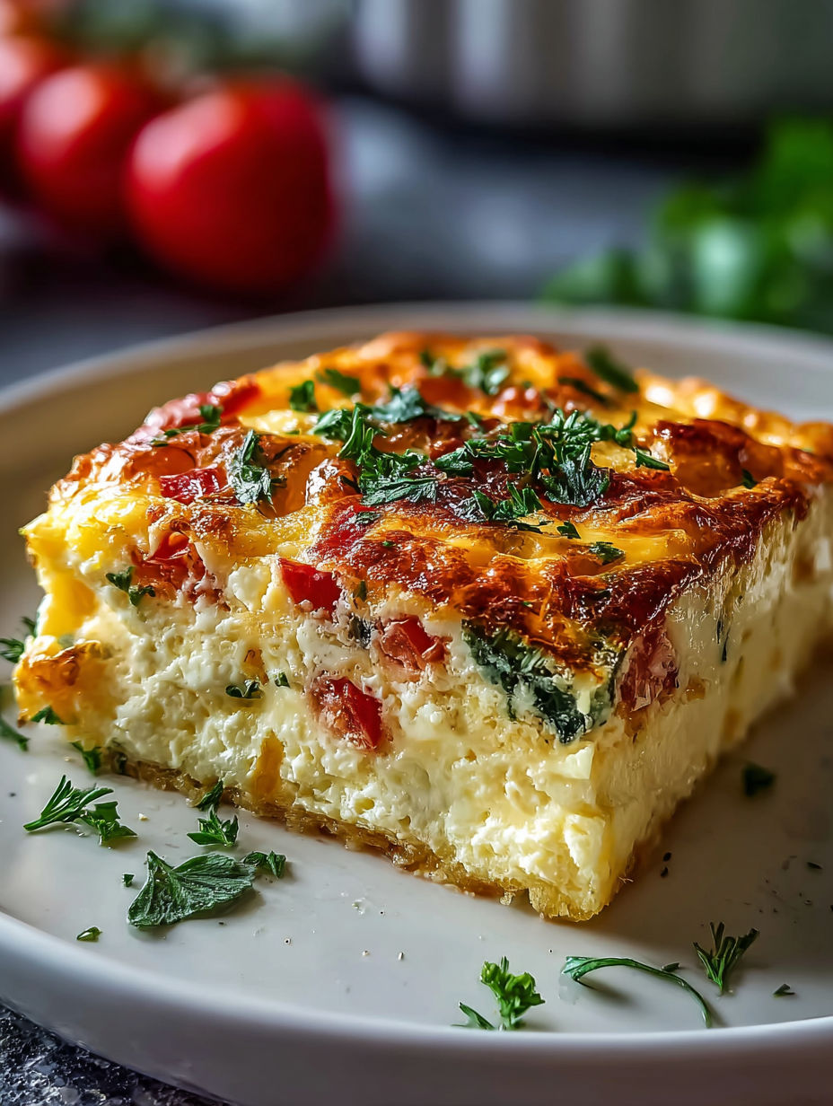 A slice of cottage cheese egg bake.