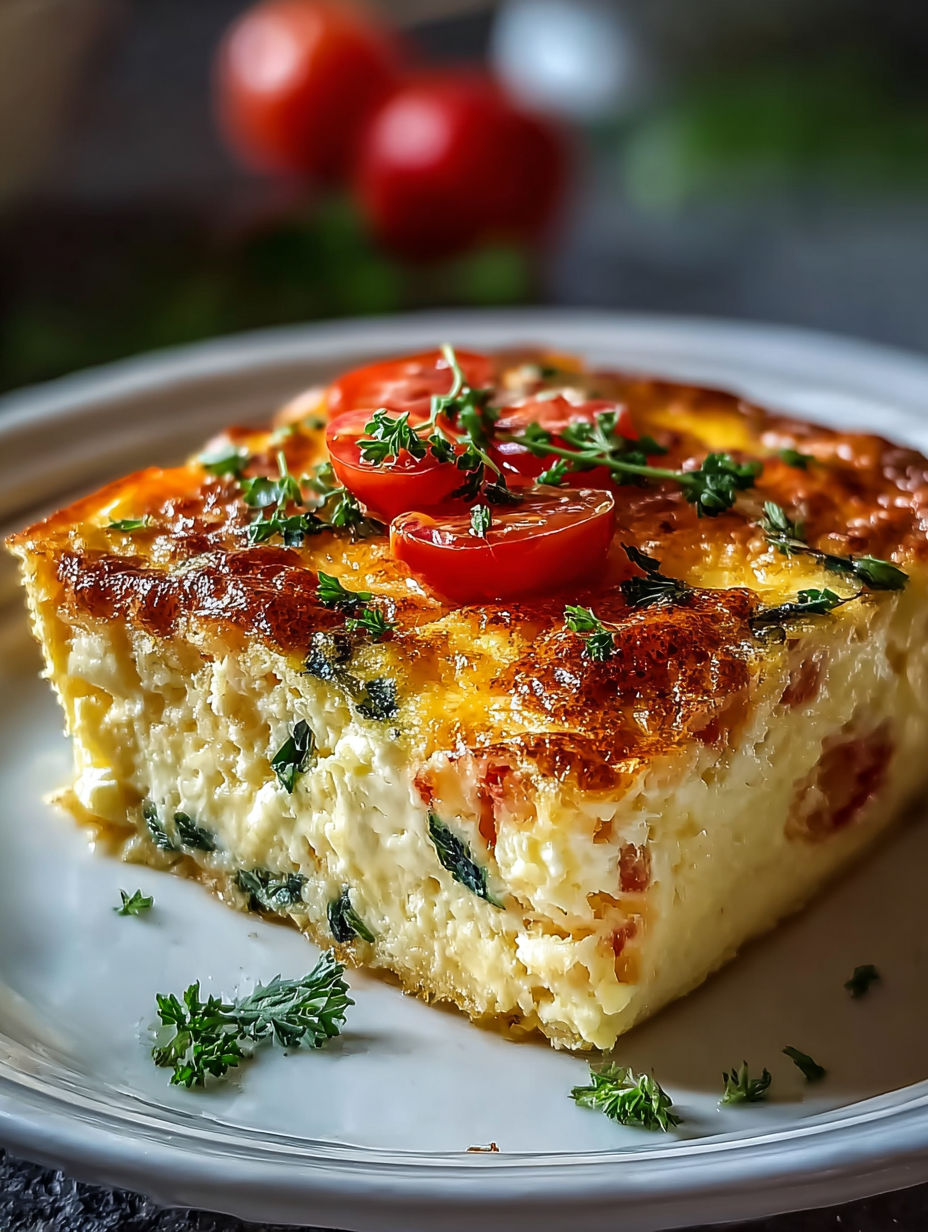 A slice of cottage cheese egg bake with tomatoes on top.