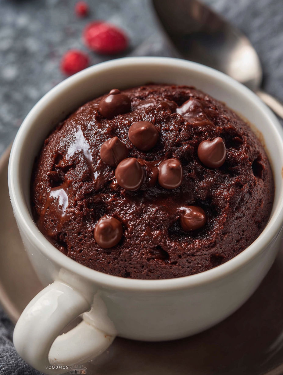 A cup of chocolate mug cake with chocolate chips.