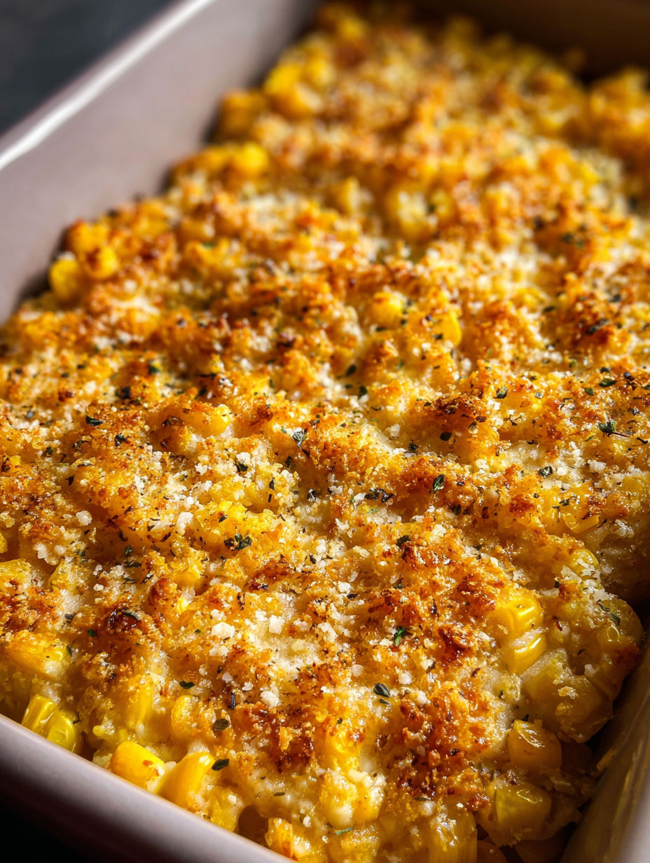 A baked dish with corn and Parmesan cheese.