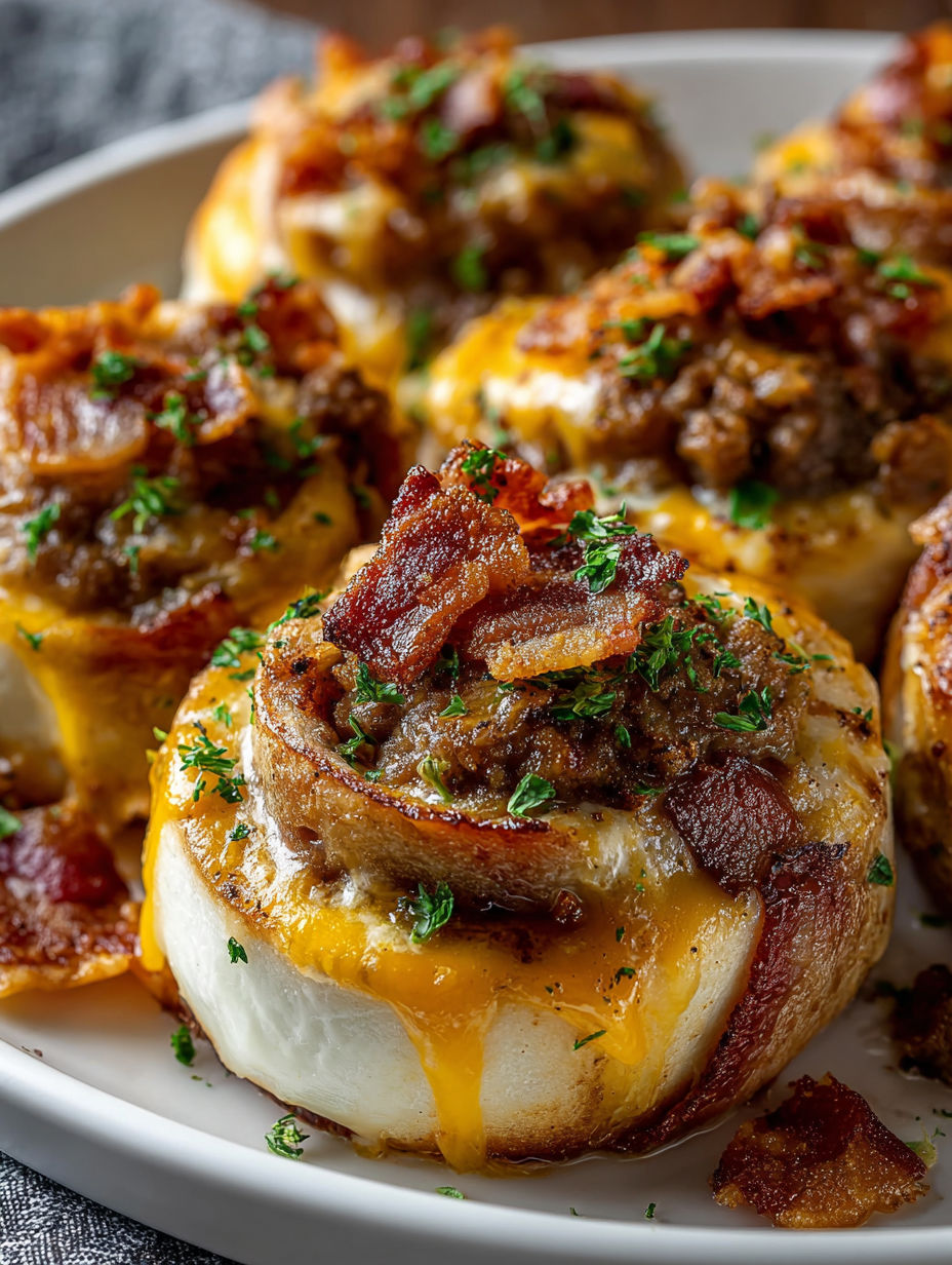Bacon wrapped potatoes with cheese and bacon.