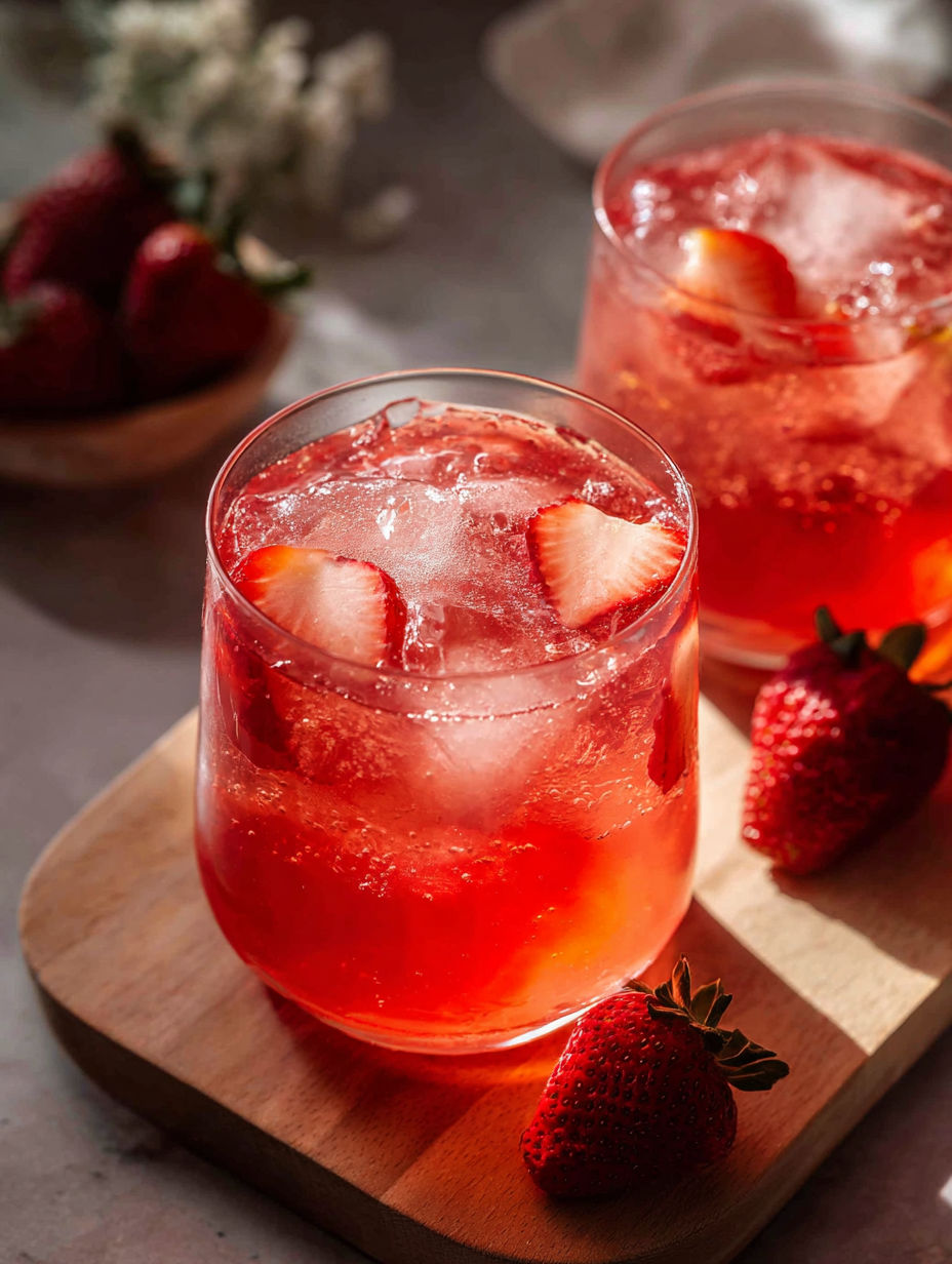 A glass of iced tea with strawberries in it.