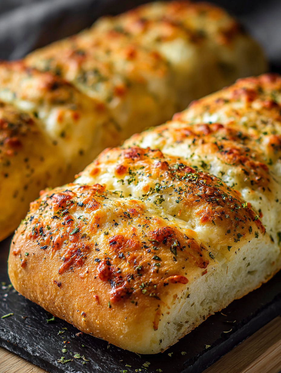 A close up of a bread with cheese and herbs.