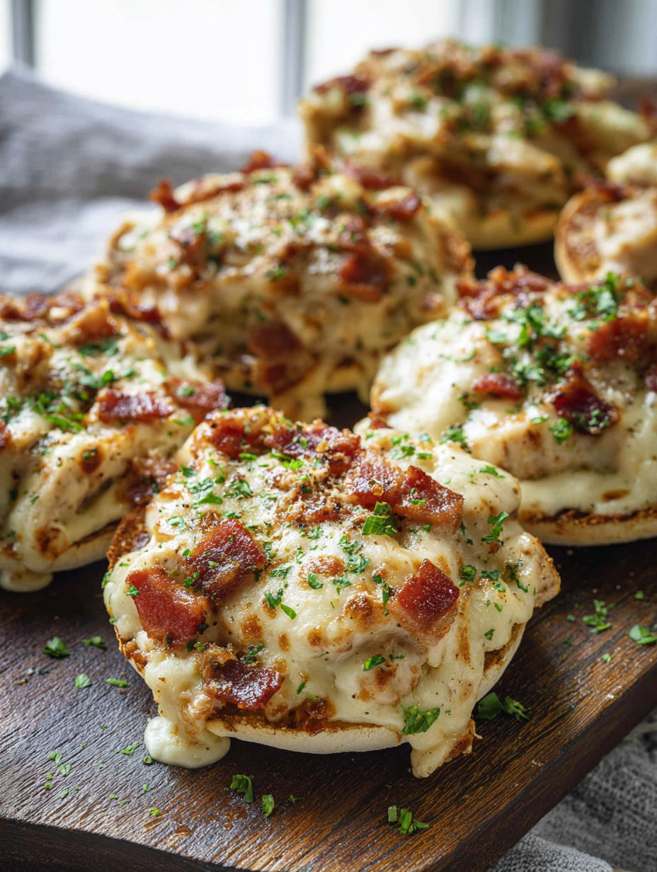Bacon chicken alfredo on english muffins.