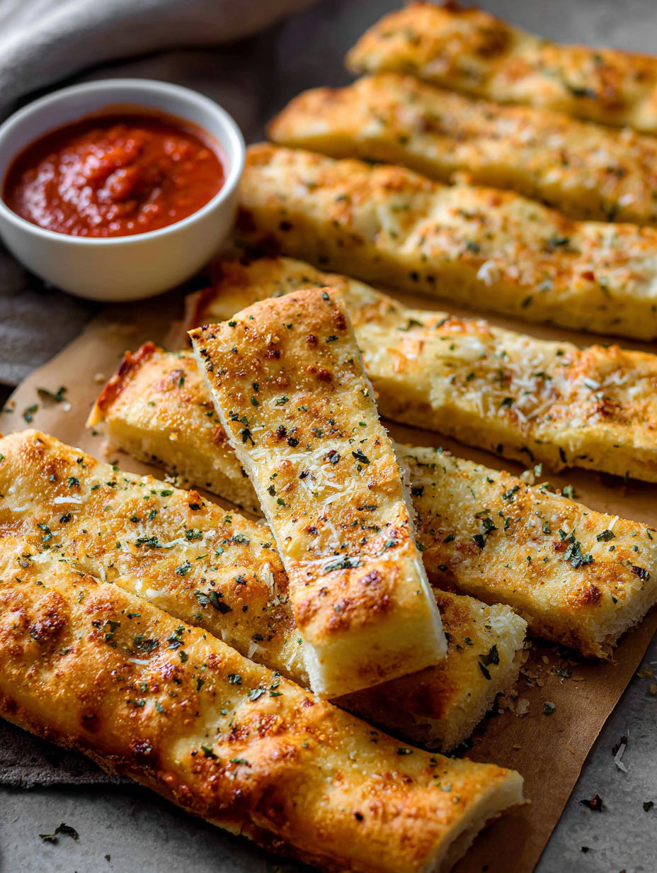 A plate of breadsticks with marinara sauce.