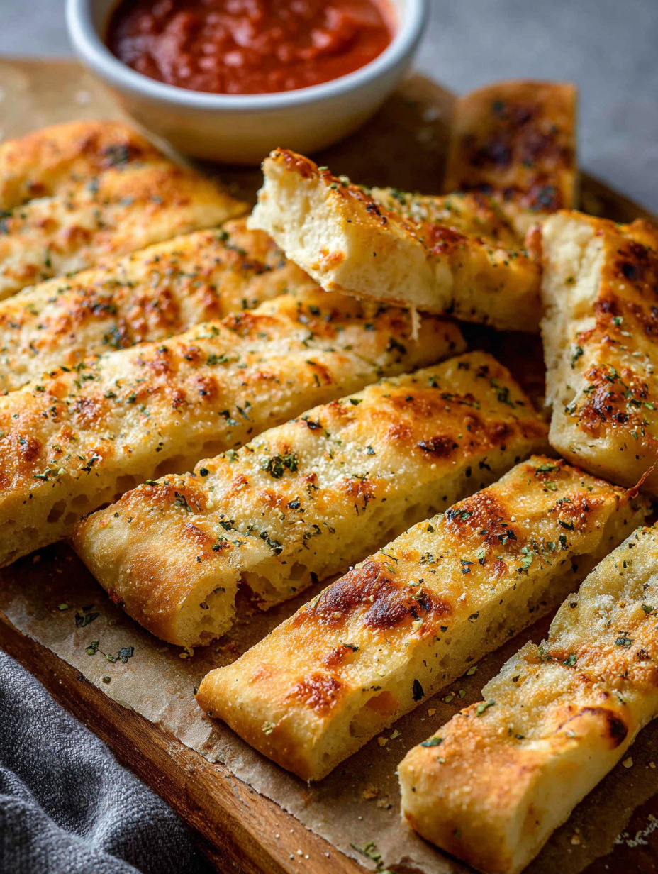 A plate of breadsticks with cheese and herbs.
