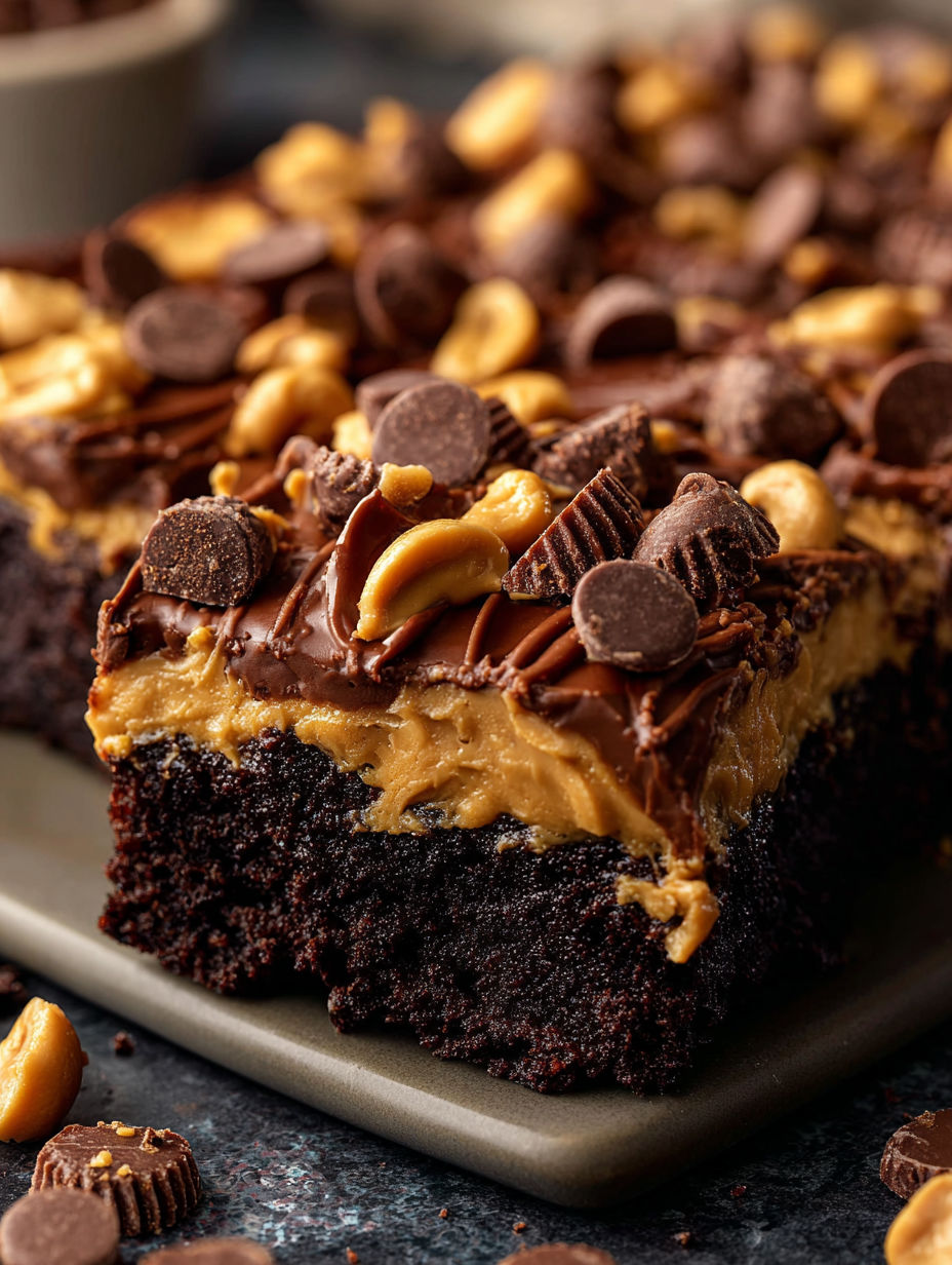 A slice of chocolate peanut butter earthquake cake.