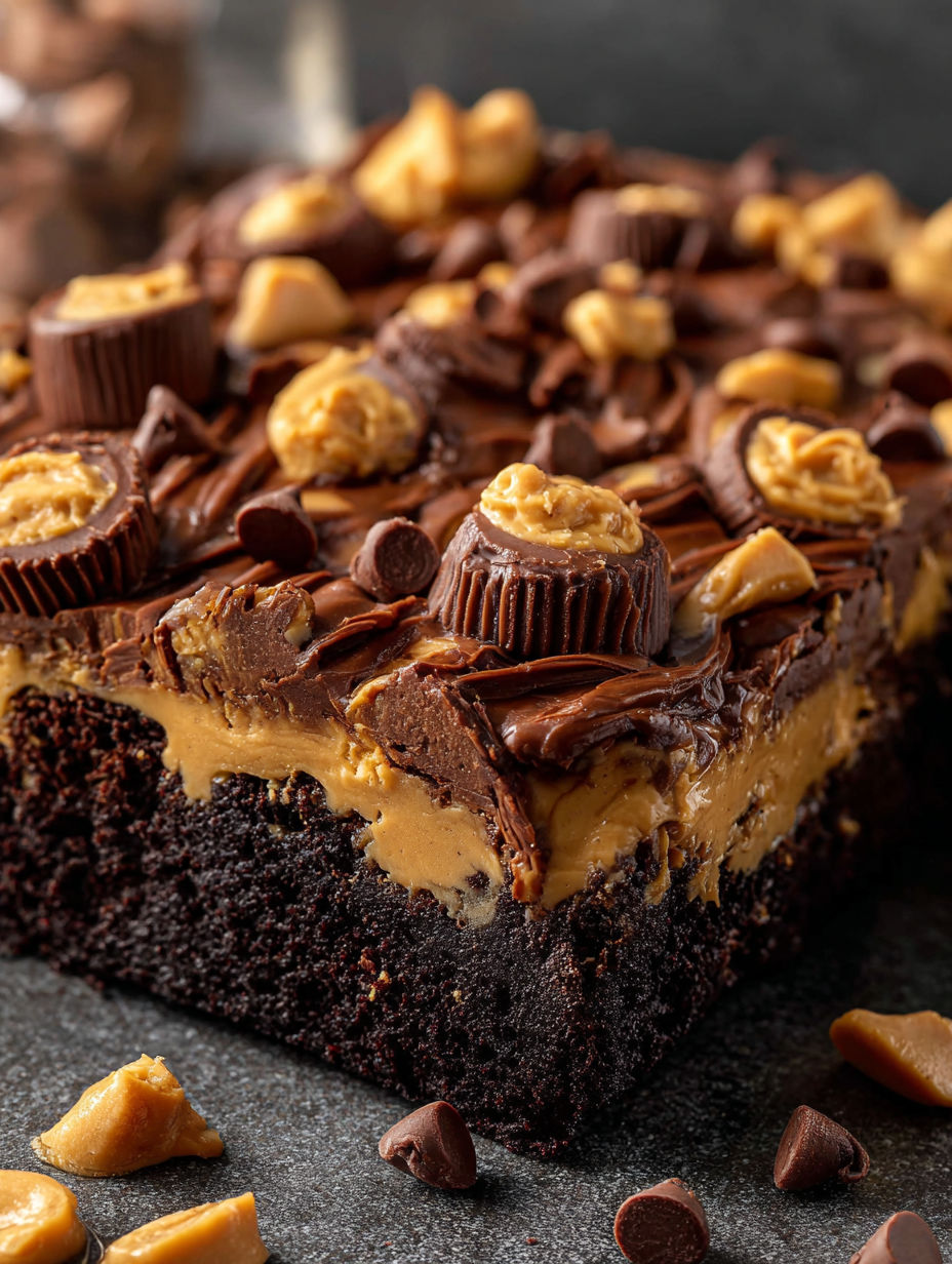 A close up of a chocolate cake with peanut butter and chocolate chips.