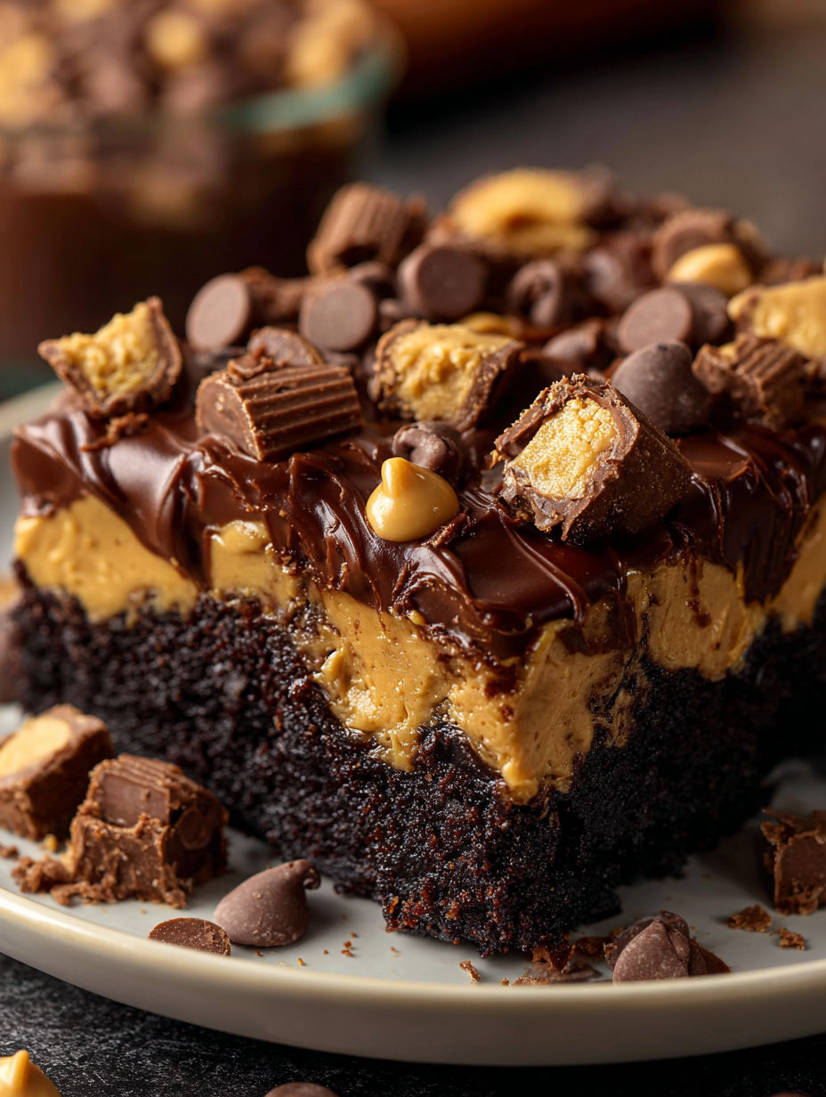 A chocolate cake with peanut butter and chocolate chips.