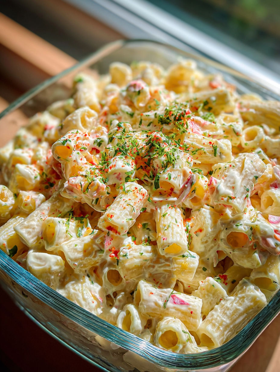 A bowl of macaroni salad with cheddar sour cream.
