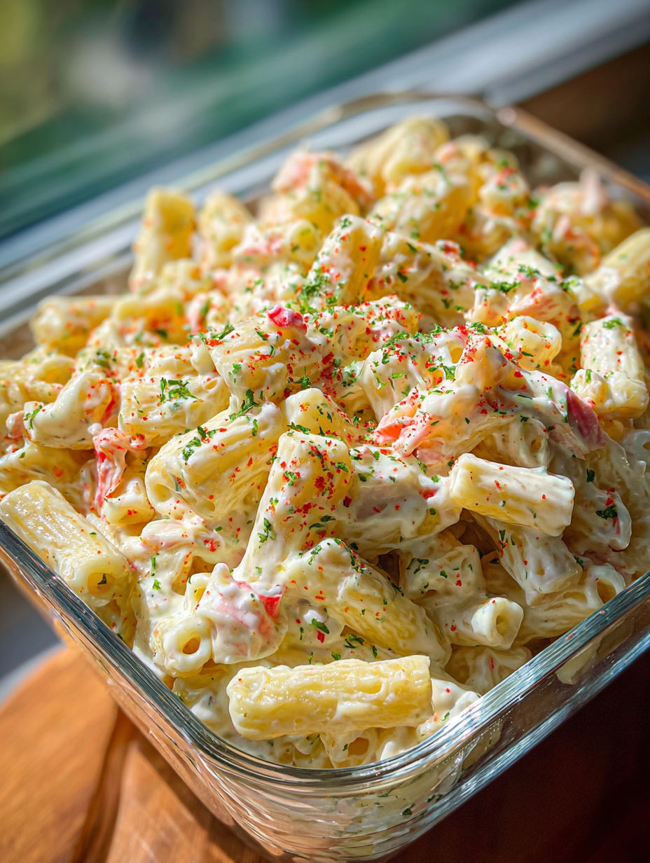 A bowl of macaroni salad with cheddar cheese and sour cream.