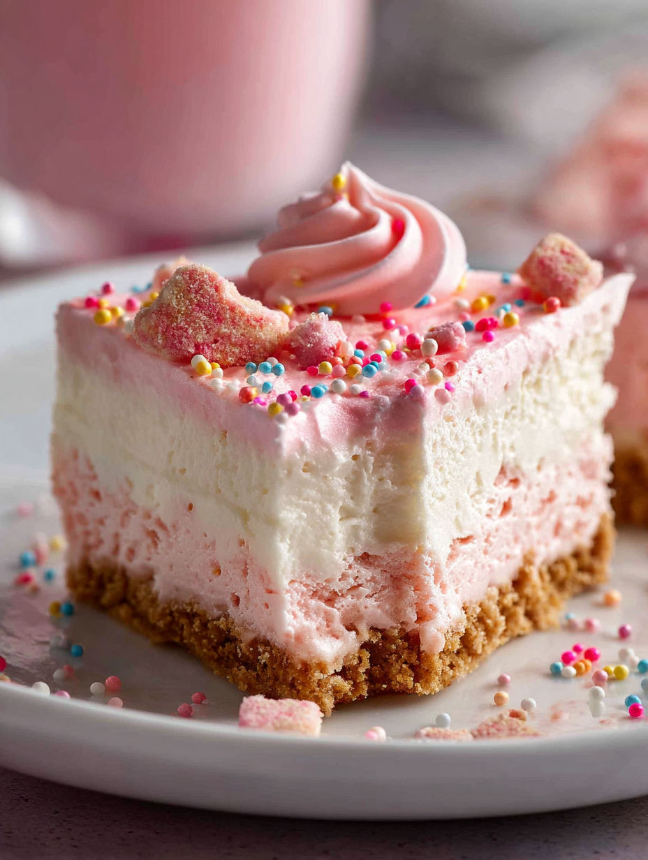 A slice of a no bake frosted animal cookie cheesecake.
