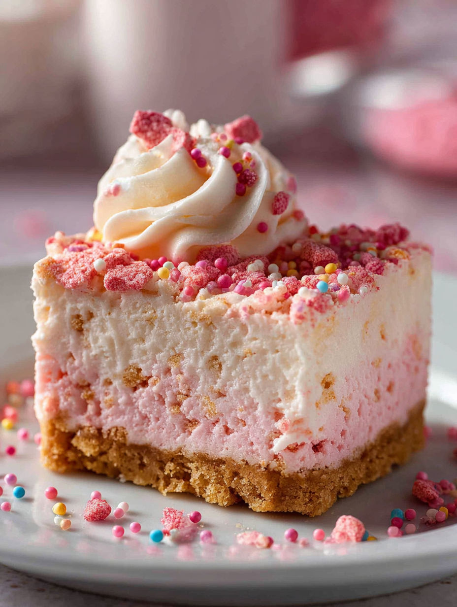A slice of a no bake frosted animal cookie cheesecake.