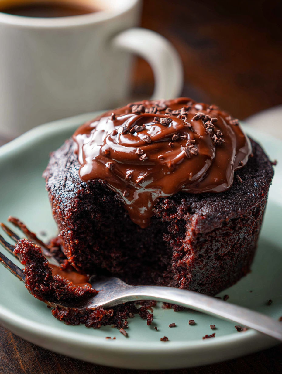A chocolate mug cake with chocolate drizzle.