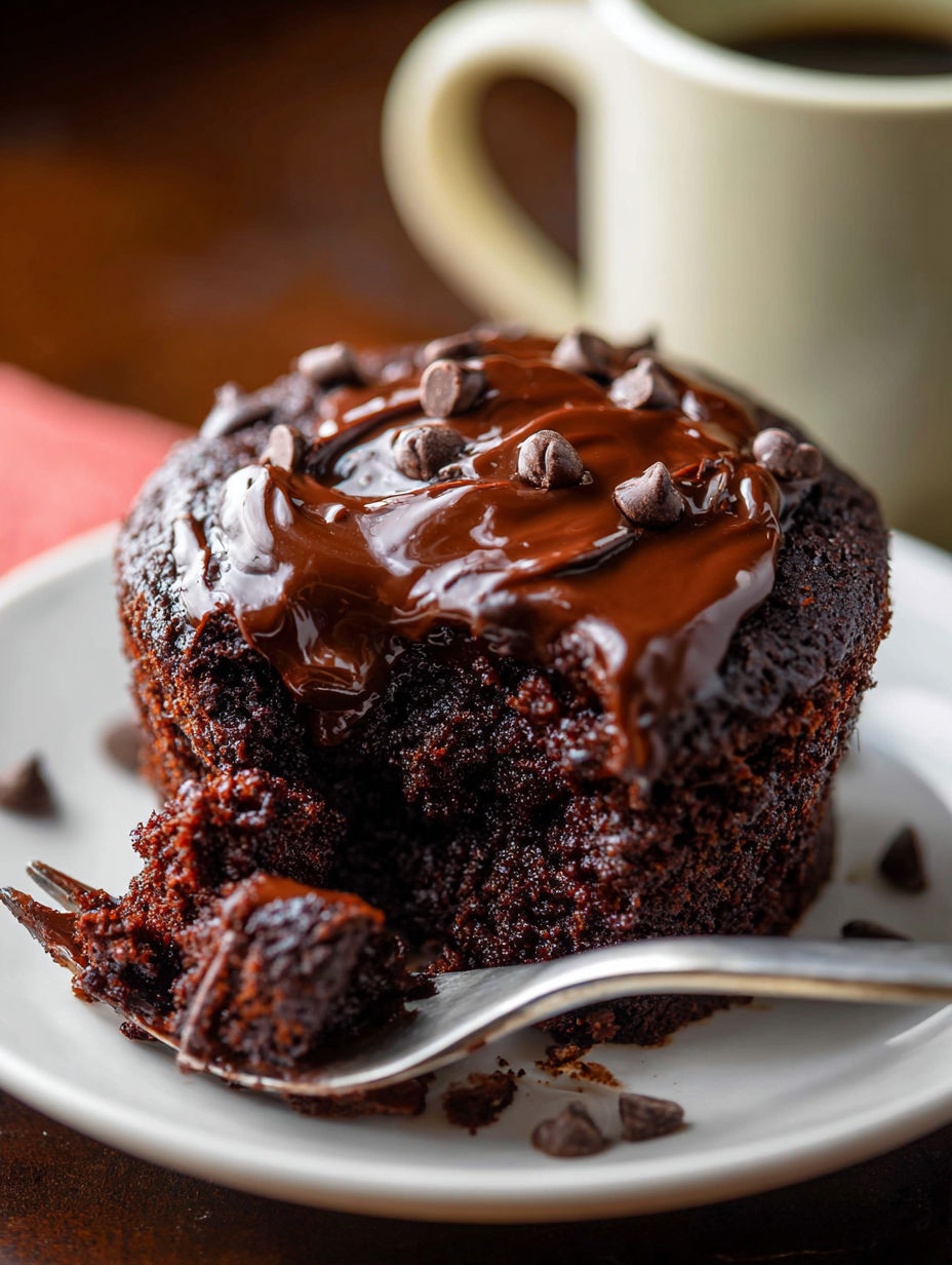 A chocolate mug cake with chocolate chips.