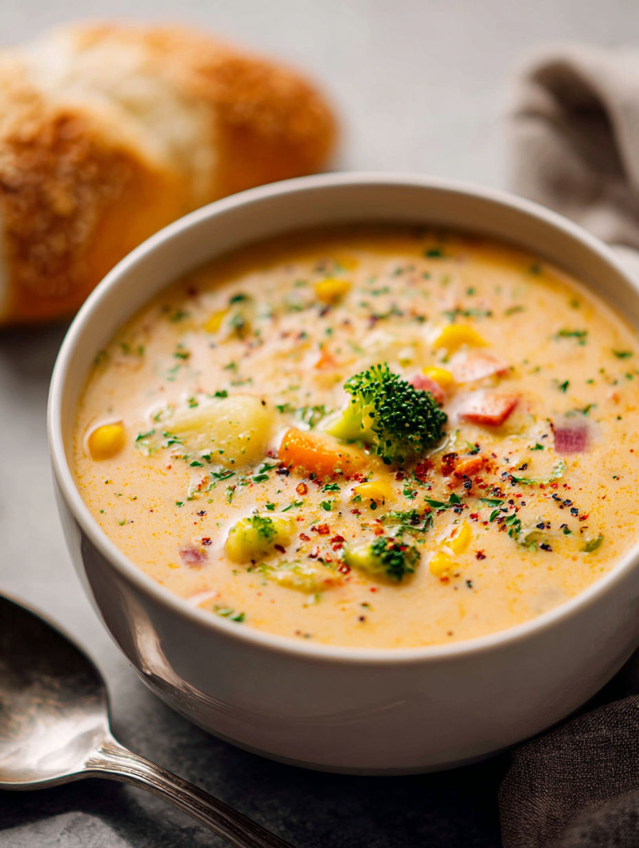 A bowl of creamy vegetable soup with broccoli and carrots.