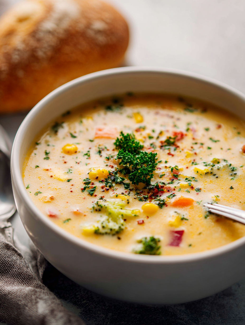 A bowl of creamy vegetable soup with a spoon in it.
