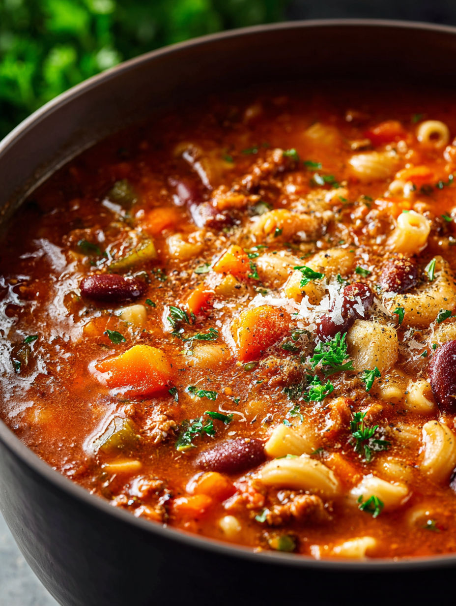 A bowl of soup with pasta, beans, and vegetables.